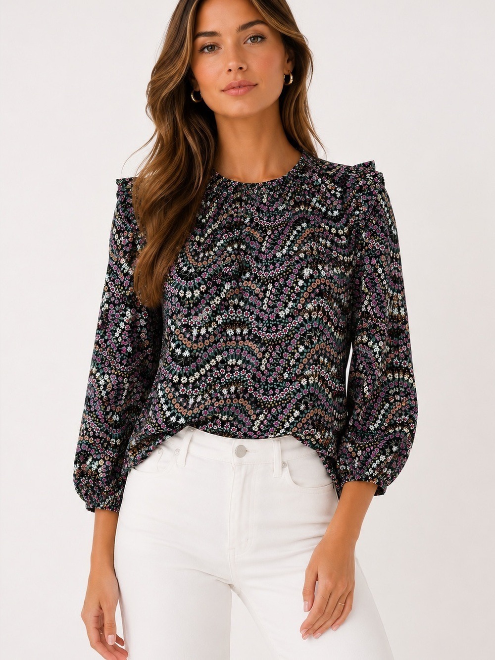 LOFT Black Multicolor Floral Cotton Ruffle Collar Puff Sleeve Blouse Size S